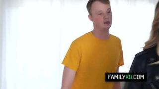 Busty stepmom Armani Black catch her stepson having rough sex with his new girlfriend so she joins